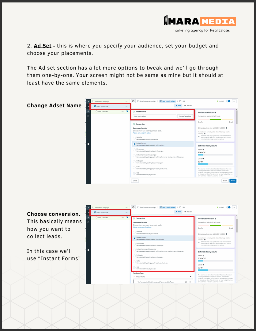 Screenshots of a marketing campaign setup on facebook ads manager