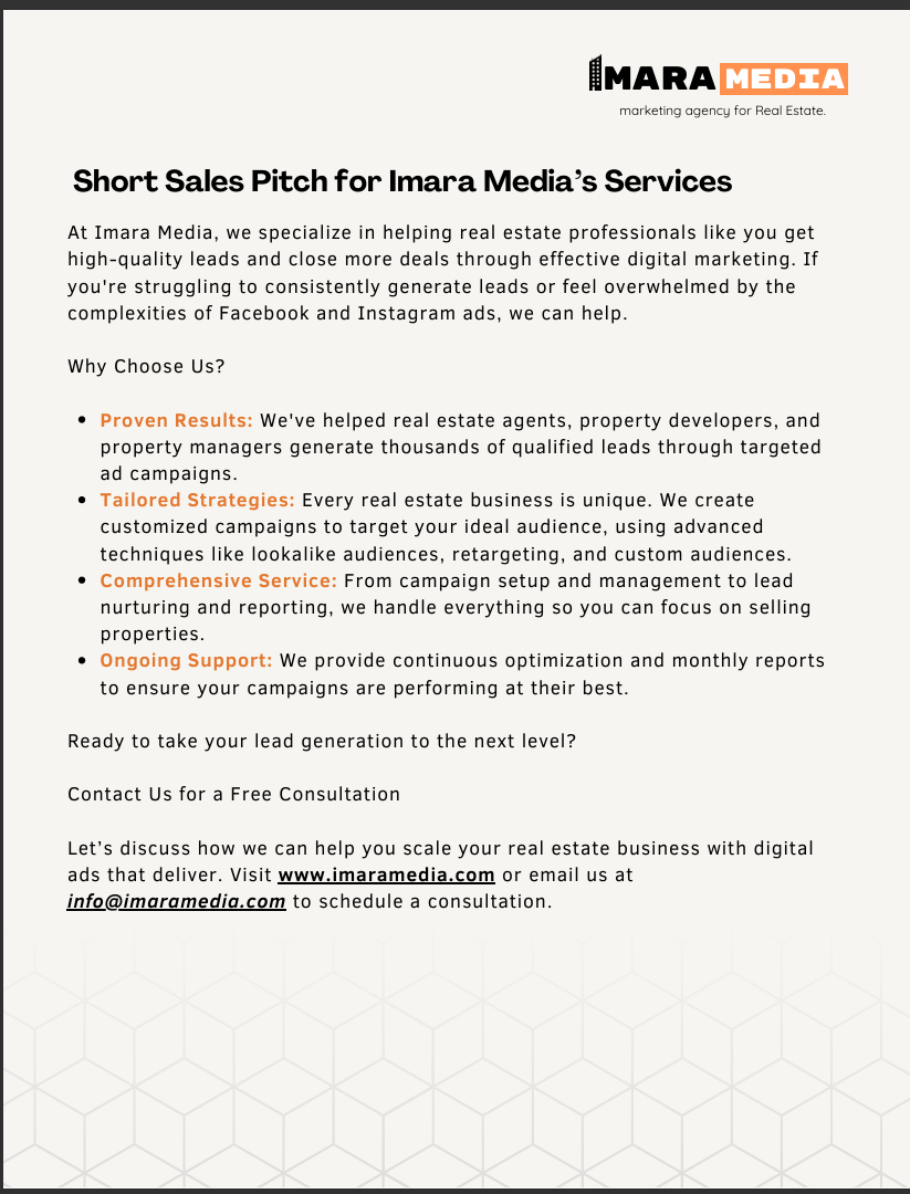 Short sales pitch for Imara Media's real estate digital marketing services.